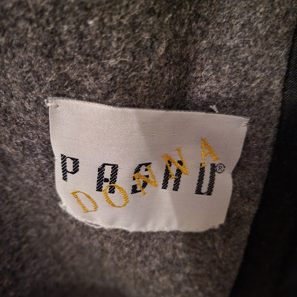 VINTAGE Grey Poncho style Trench Coat black woven accents Wool Jacket - Picture 7 of 9